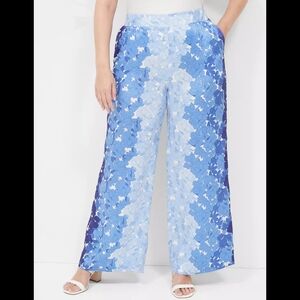 Lane Bryant Blue Tones Floral Wide Leg Pull On Pant 18W